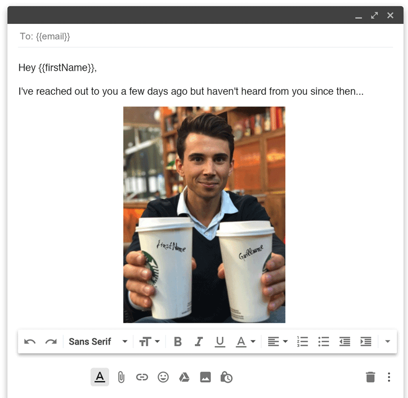 Lemlist image personalization with the prospect's first name on a coffee cup